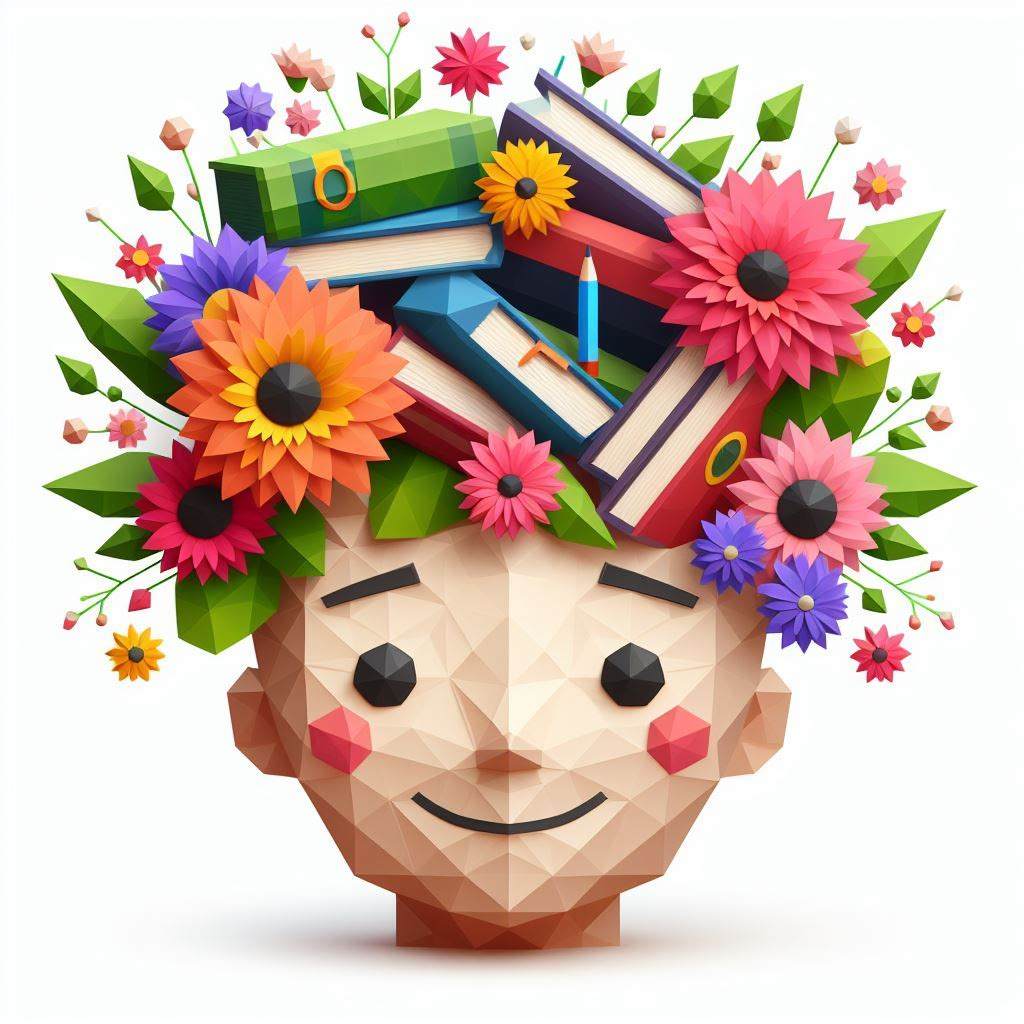 a smiling cartoon head with a number of flowers and books growing on top of it