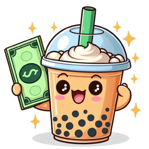 a smiling boba milk tea drink holder a dollar bill