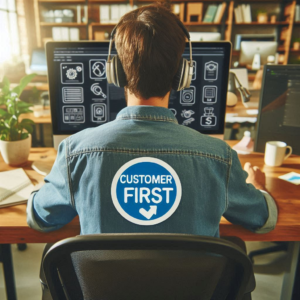 a software developer working on his computer, with a sticker on his back that reads "customer first"