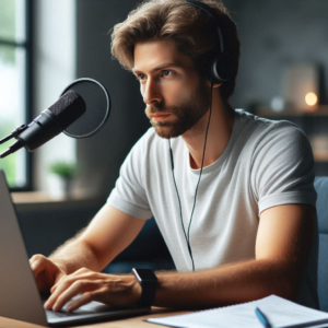 a focused man wearing a pair of headphones typing on a laptop, with a professional looking microphone in front of him