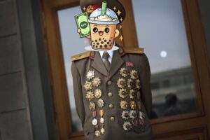 a North Korean general wearing lots of medals on his body. His face is swapped with the boba money mascot